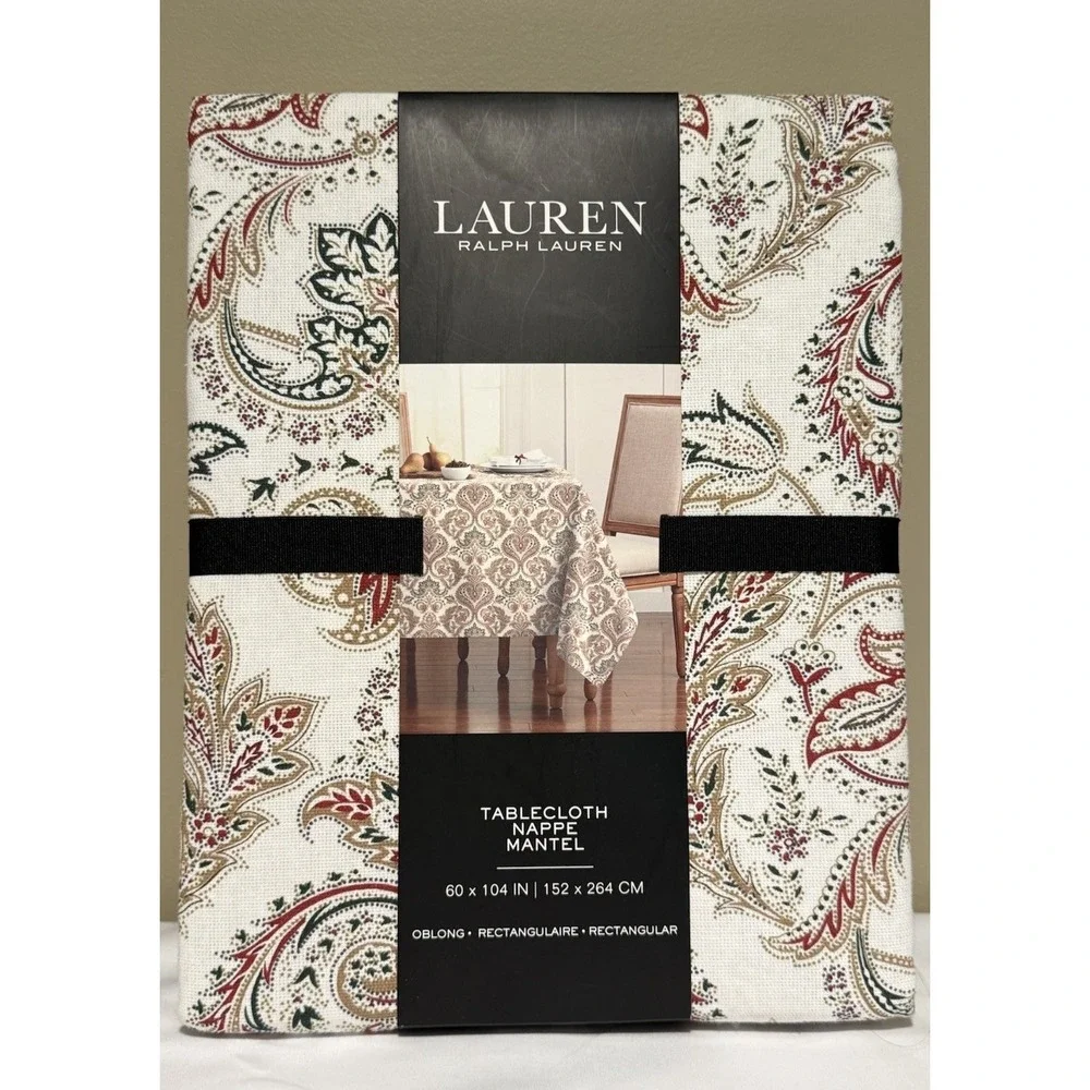 RALPH LAUREN Set 60 x 104 Tablecloth‎ Red Green And Gold Paisley Holiday